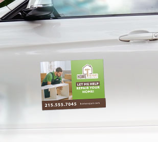 Custom 11"x8" car door magnet advertising small business on white car.